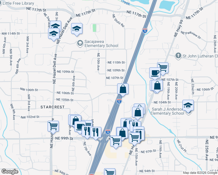 map of restaurants, bars, coffee shops, grocery stores, and more near 1115 Northeast 105th Street in Vancouver