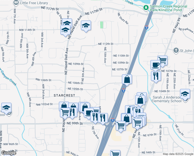 map of restaurants, bars, coffee shops, grocery stores, and more near 10605 Northeast Crest Avenue in Vancouver