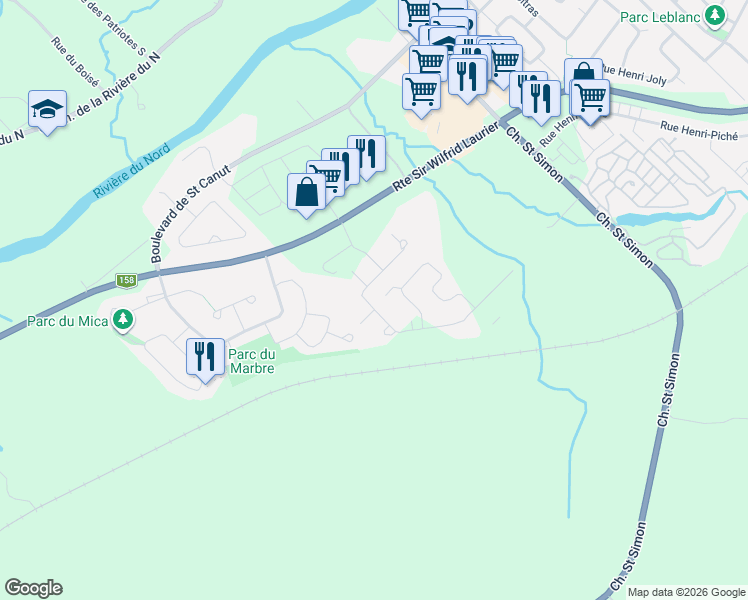 map of restaurants, bars, coffee shops, grocery stores, and more near 8909 Rue Magloire Lavallée in Mirabel