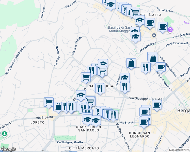 map of restaurants, bars, coffee shops, grocery stores, and more near 3 Via Don Giovanni Minzoni in Bergamo