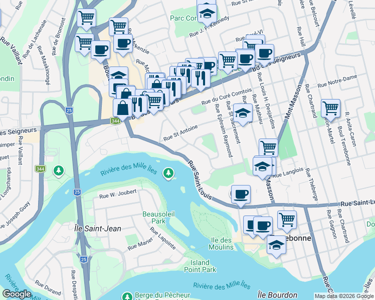map of restaurants, bars, coffee shops, grocery stores, and more near 1020 Rue Saint Paul in Terrebonne