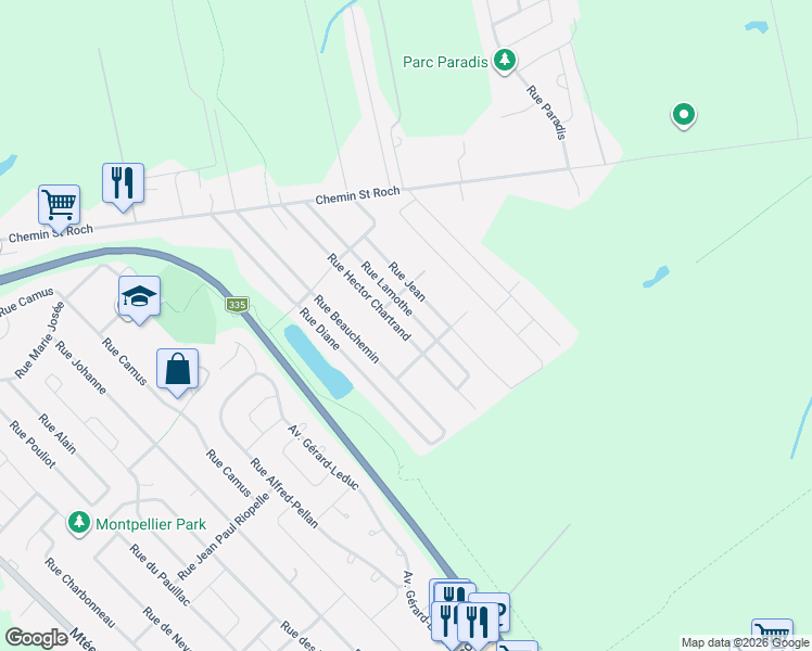 map of restaurants, bars, coffee shops, grocery stores, and more near 3365 Rue Hector Chartrand in Terrebonne