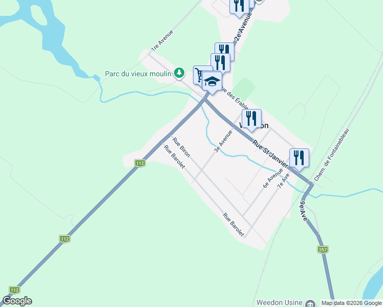 map of restaurants, bars, coffee shops, grocery stores, and more near 175 Rue Biron in Weedon