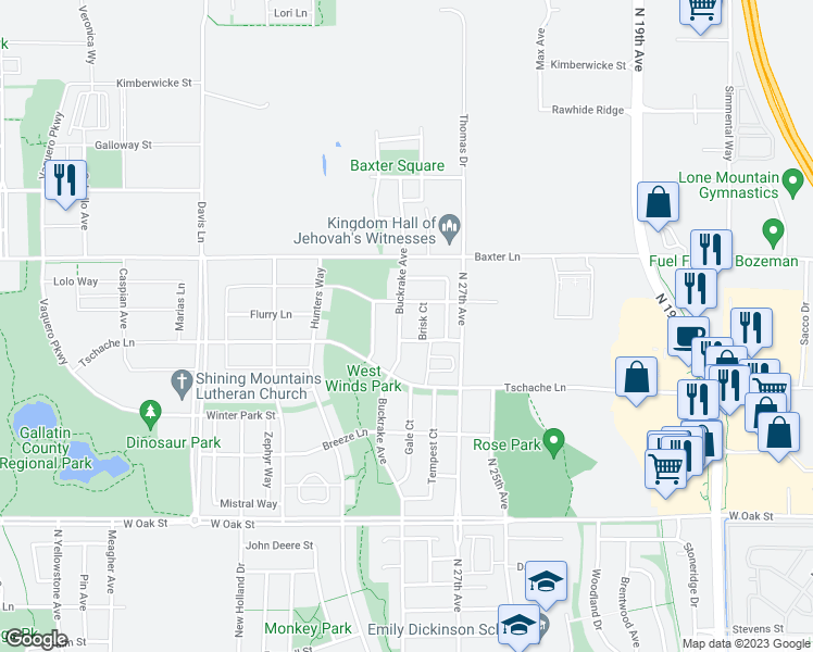 map of restaurants, bars, coffee shops, grocery stores, and more near 1850 Buckrake Avenue in Bozeman