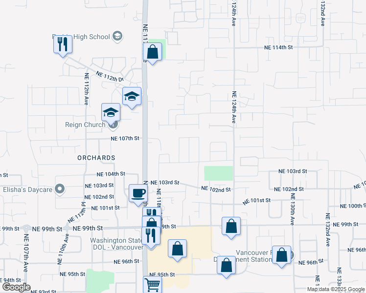 map of restaurants, bars, coffee shops, grocery stores, and more near 10505 Northeast 117th Avenue in Vancouver