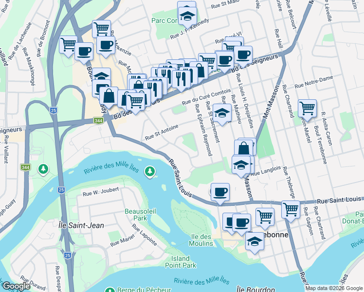 map of restaurants, bars, coffee shops, grocery stores, and more near 695 Rue Saint-Michel in Terrebonne
