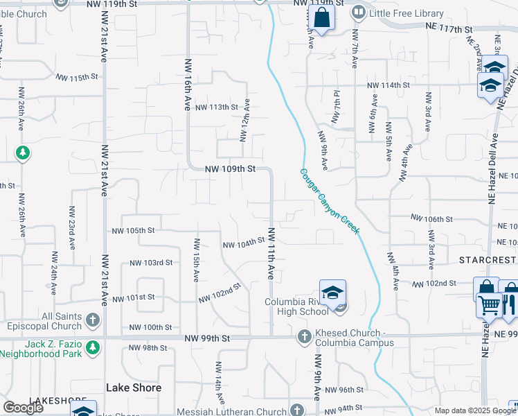 map of restaurants, bars, coffee shops, grocery stores, and more near 1109 Northwest 107th Circle in Vancouver