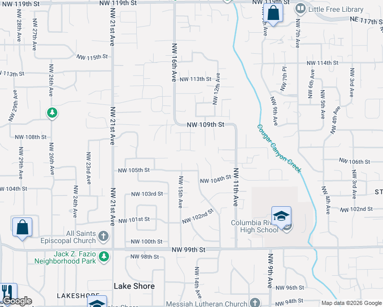 map of restaurants, bars, coffee shops, grocery stores, and more near 1405 Northwest 107th Street in Vancouver