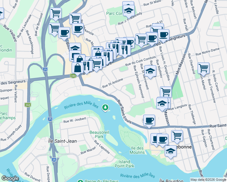 map of restaurants, bars, coffee shops, grocery stores, and more near 1025 Rue Saint Paul in Terrebonne
