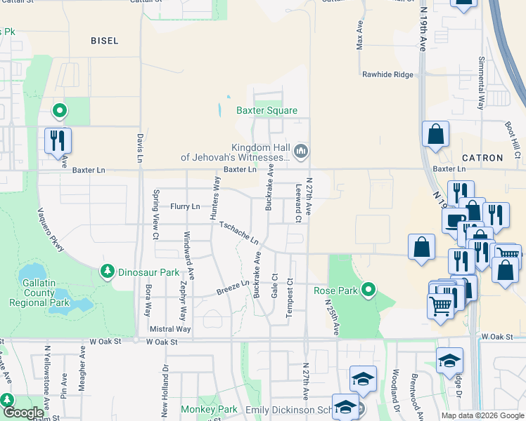 map of restaurants, bars, coffee shops, grocery stores, and more near 1891 Buckrake Avenue in Bozeman