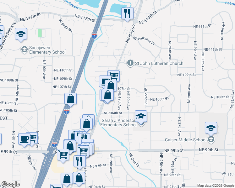 map of restaurants, bars, coffee shops, grocery stores, and more near 10610 Northeast 19th Avenue in Vancouver