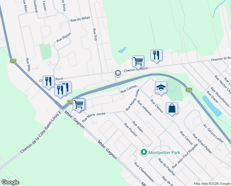 map of restaurants, bars, coffee shops, grocery stores, and more near 405 Rue Agnes-Martin in Terrebonne