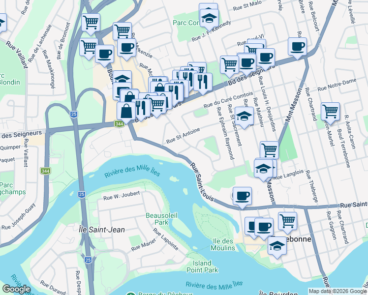 map of restaurants, bars, coffee shops, grocery stores, and more near 1025 Rue Saint Paul in Terrebonne
