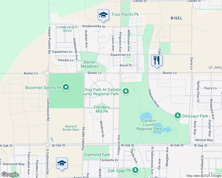 map of restaurants, bars, coffee shops, grocery stores, and more near 4405 Baxter Lane in Bozeman