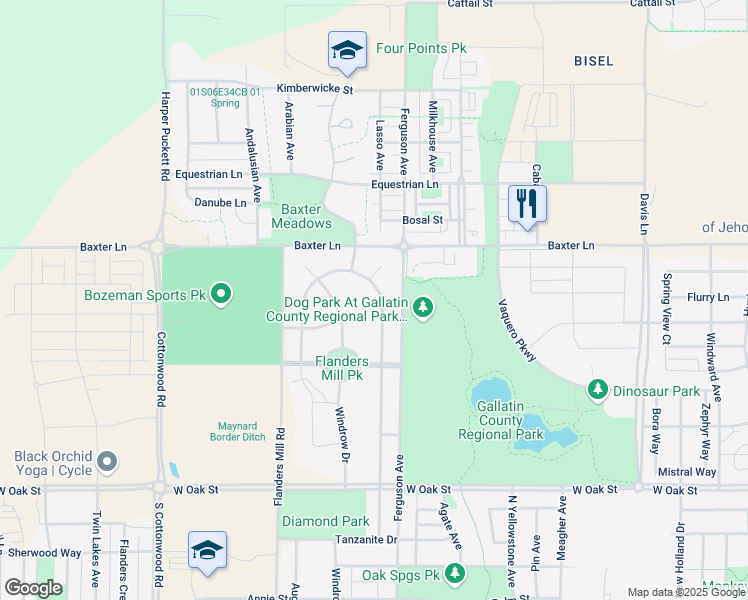 map of restaurants, bars, coffee shops, grocery stores, and more near 4405 Baxter Lane in Bozeman