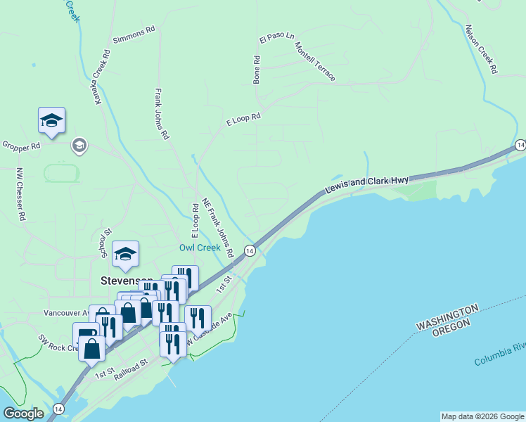 map of restaurants, bars, coffee shops, grocery stores, and more near 151 Lower Basso Cir in Stevenson