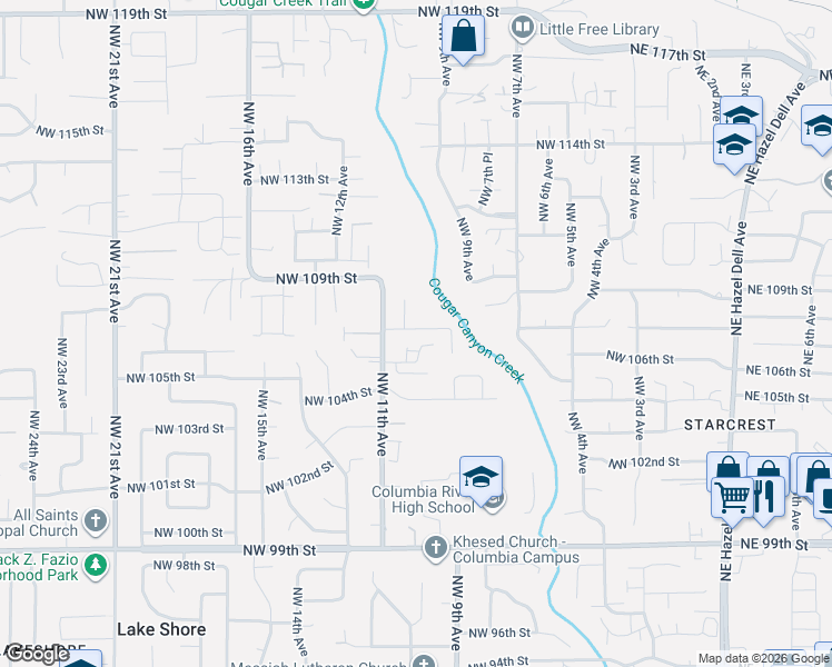 map of restaurants, bars, coffee shops, grocery stores, and more near 1000 Northwest 106th Circle in Vancouver