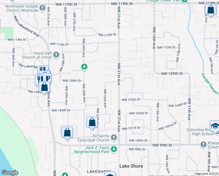 map of restaurants, bars, coffee shops, grocery stores, and more near 10714 Northwest 22nd Avenue in Vancouver