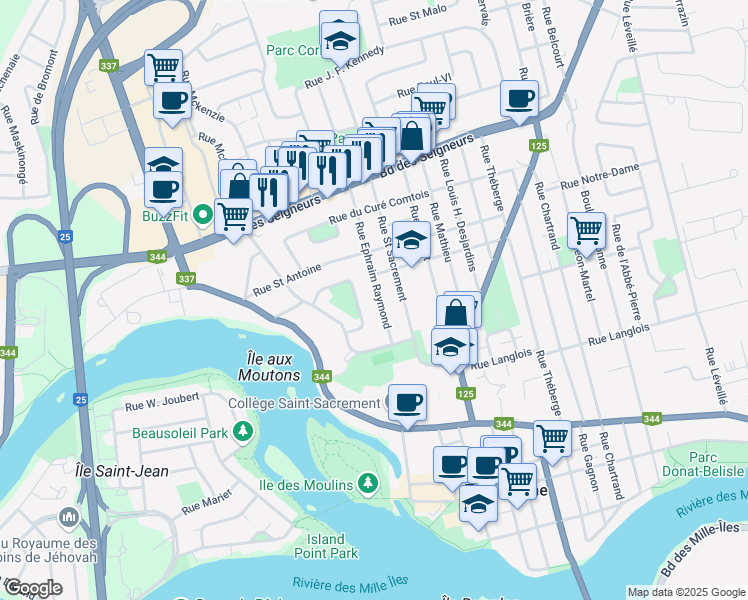 map of restaurants, bars, coffee shops, grocery stores, and more near 688 Rue Ephraim Raymond in Terrebonne