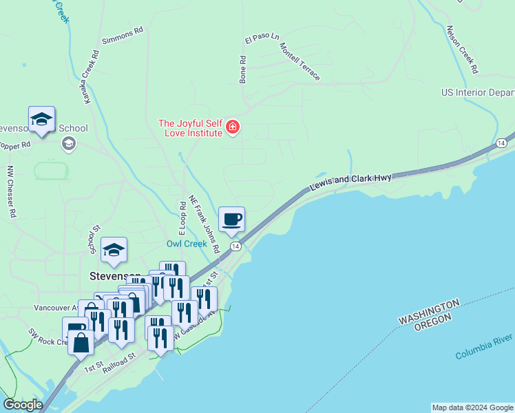 map of restaurants, bars, coffee shops, grocery stores, and more near 191 Lower Basso Cir in Stevenson