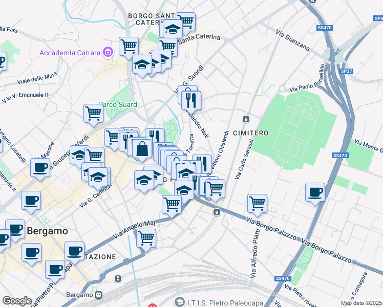 map of restaurants, bars, coffee shops, grocery stores, and more near 12 Via Torretta in Bergamo