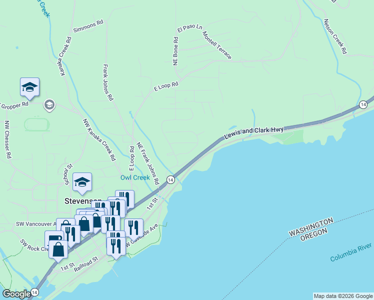 map of restaurants, bars, coffee shops, grocery stores, and more near 191 Lower Basso Cir in Stevenson