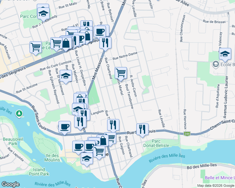 map of restaurants, bars, coffee shops, grocery stores, and more near 585 Rue Chartrand in Terrebonne
