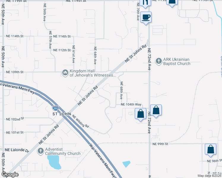 map of restaurants, bars, coffee shops, grocery stores, and more near 6605 Northeast 107th Street in Vancouver
