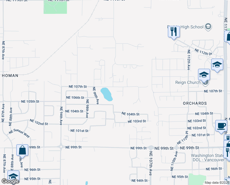 map of restaurants, bars, coffee shops, grocery stores, and more near 10206 Northeast 106th Circle in Vancouver