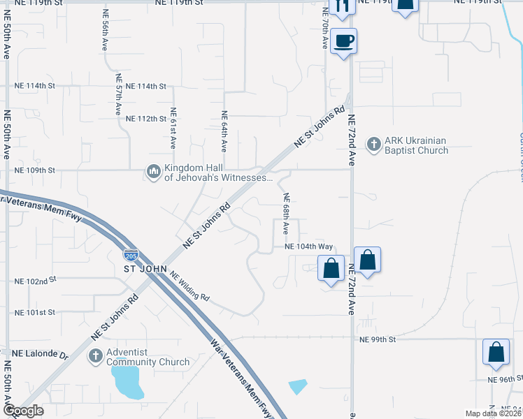 map of restaurants, bars, coffee shops, grocery stores, and more near 6605 Northeast 107th Street in Vancouver