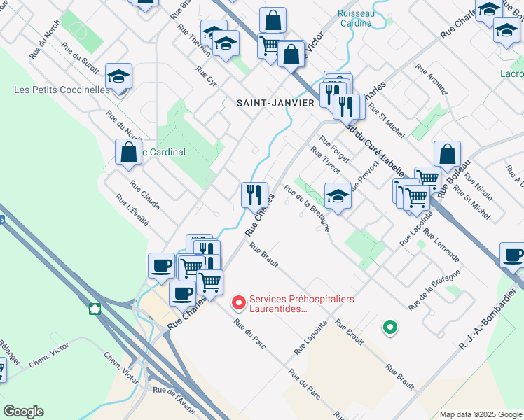 map of restaurants, bars, coffee shops, grocery stores, and more near 17815 Rue Charles in Mirabel