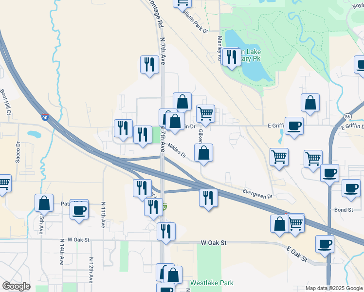 map of restaurants, bars, coffee shops, grocery stores, and more near 2000 North 7th Avenue in Bozeman