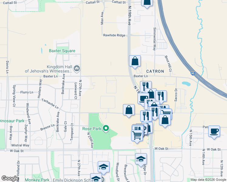 map of restaurants, bars, coffee shops, grocery stores, and more near 2224 Baxter Lane in Bozeman