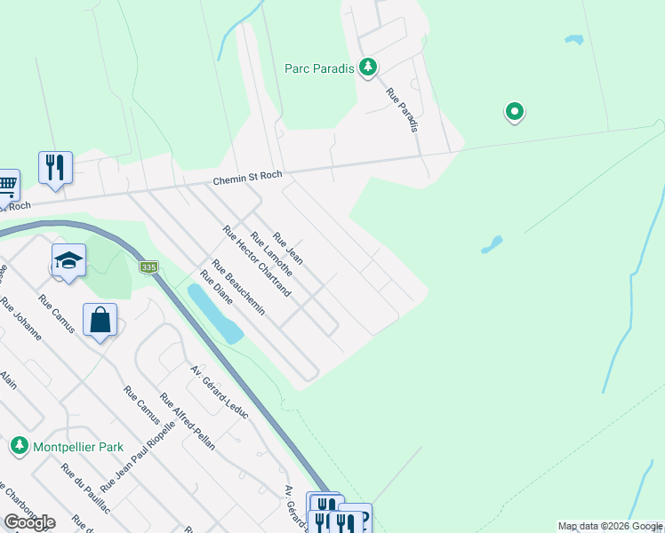 map of restaurants, bars, coffee shops, grocery stores, and more near 3285 Rue Moïse-Proulx in Terrebonne