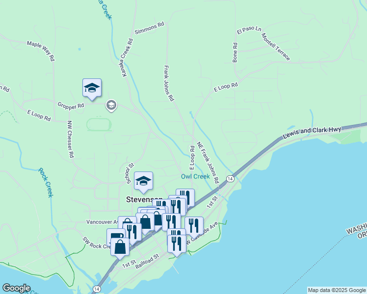 map of restaurants, bars, coffee shops, grocery stores, and more near 7022 East Loop Road in Stevenson