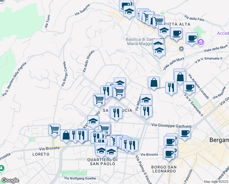 map of restaurants, bars, coffee shops, grocery stores, and more near 1-3 Via Don Giovanni Minzoni in Bergamo