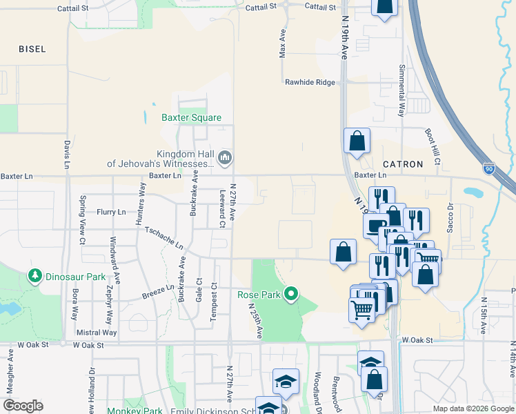 map of restaurants, bars, coffee shops, grocery stores, and more near 5482-5498 E Baxter Ln in Bozeman