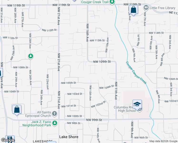 map of restaurants, bars, coffee shops, grocery stores, and more near 1605 Northwest 109th Street in Vancouver