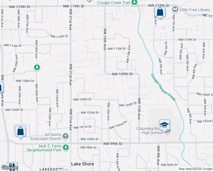 map of restaurants, bars, coffee shops, grocery stores, and more near 1605 Northwest 109th Street in Vancouver