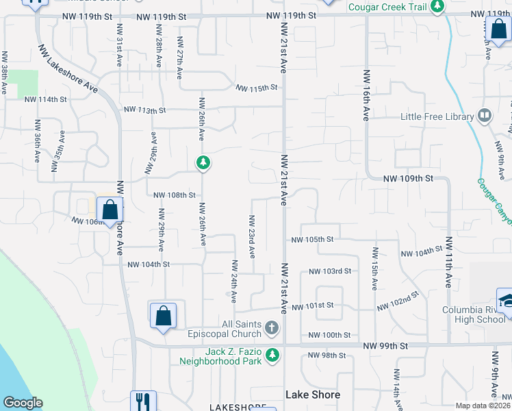 map of restaurants, bars, coffee shops, grocery stores, and more near 10714 Northwest 22nd Avenue in Vancouver