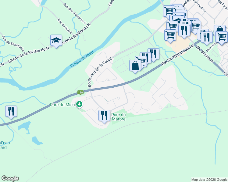 map of restaurants, bars, coffee shops, grocery stores, and more near 8645 Place du Charpentier in Mirabel