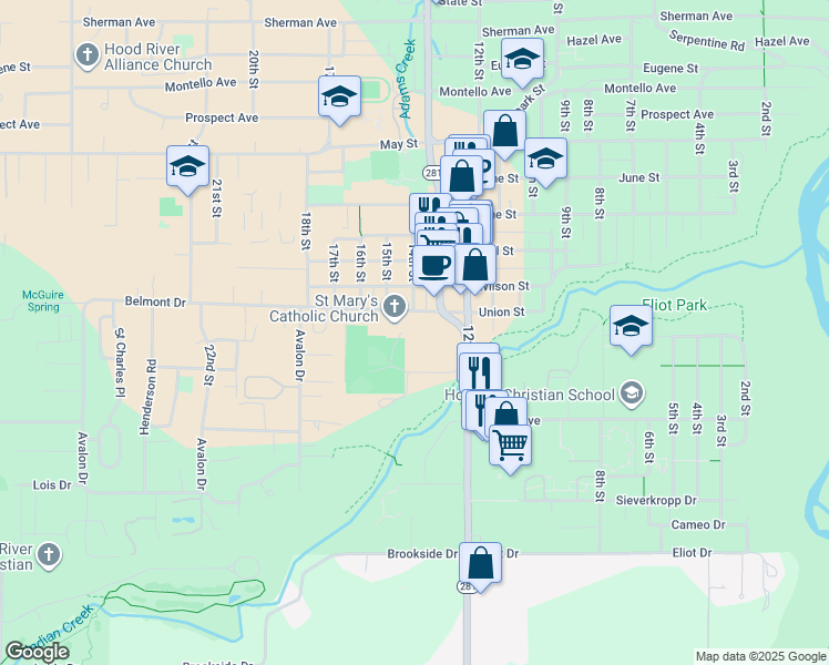 map of restaurants, bars, coffee shops, grocery stores, and more near 1401 Belmont Avenue in Hood River