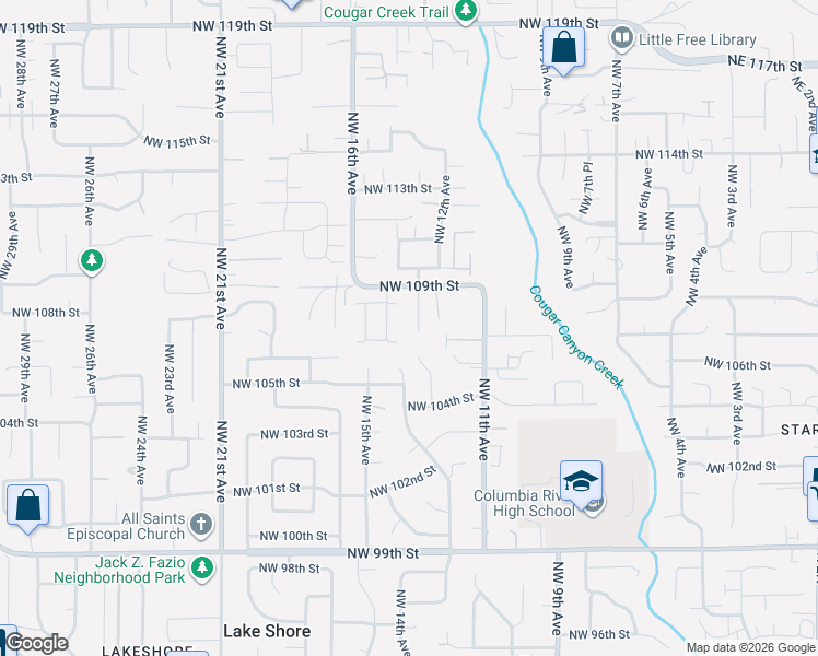 map of restaurants, bars, coffee shops, grocery stores, and more near 10800 Northwest 13th Place in Vancouver