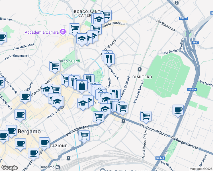 map of restaurants, bars, coffee shops, grocery stores, and more near 12 Via Torretta in Bergamo