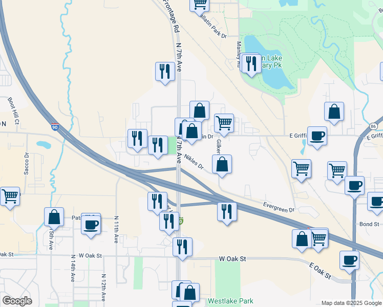 map of restaurants, bars, coffee shops, grocery stores, and more near 2000 North 7th Avenue in Bozeman