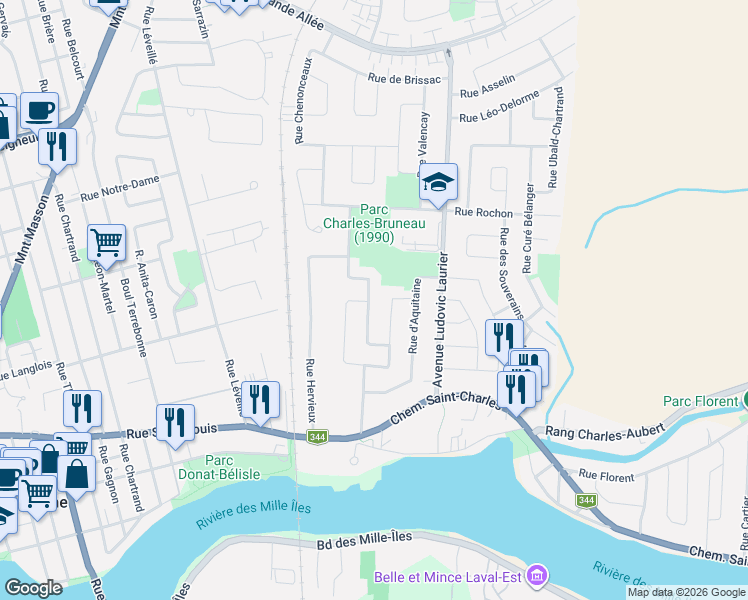 map of restaurants, bars, coffee shops, grocery stores, and more near 452 Rue du Rhône in Terrebonne