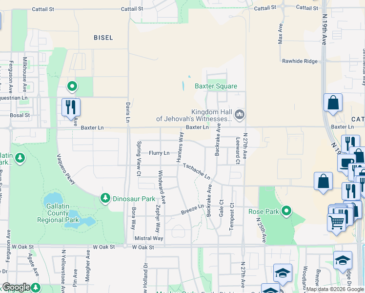 map of restaurants, bars, coffee shops, grocery stores, and more near 1641 Hunters Way in Bozeman