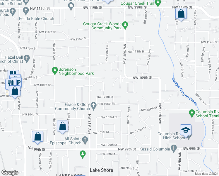map of restaurants, bars, coffee shops, grocery stores, and more near 10712 Northwest Oxbow Ridge Drive in Vancouver