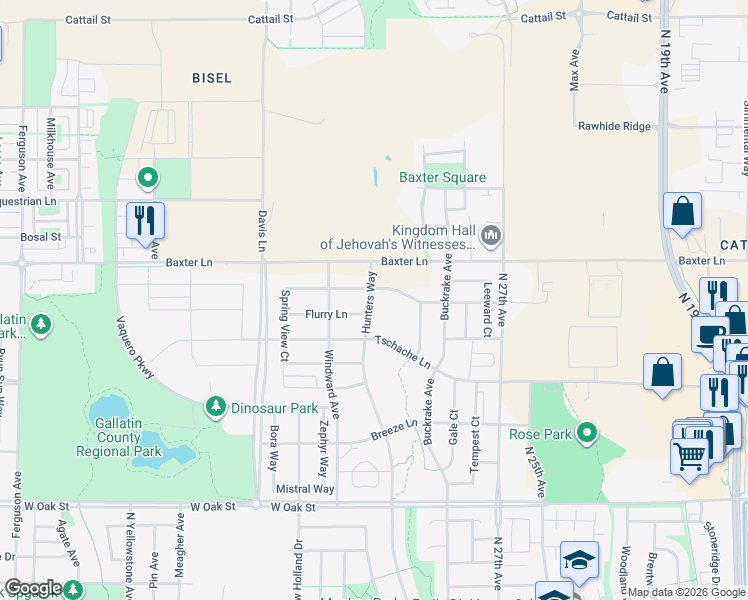 map of restaurants, bars, coffee shops, grocery stores, and more near 1641 Hunters Way in Bozeman