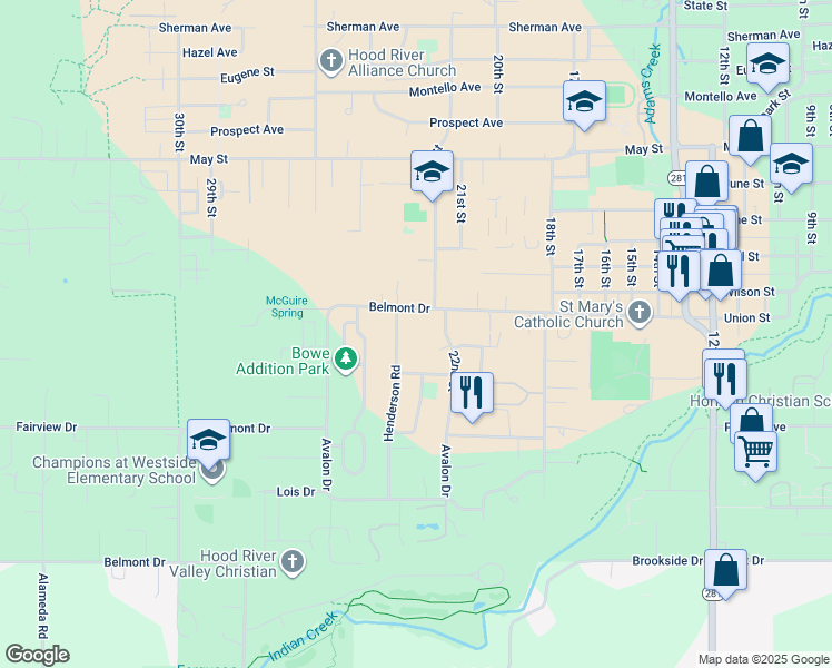 map of restaurants, bars, coffee shops, grocery stores, and more near 1520 22nd Street in Hood River